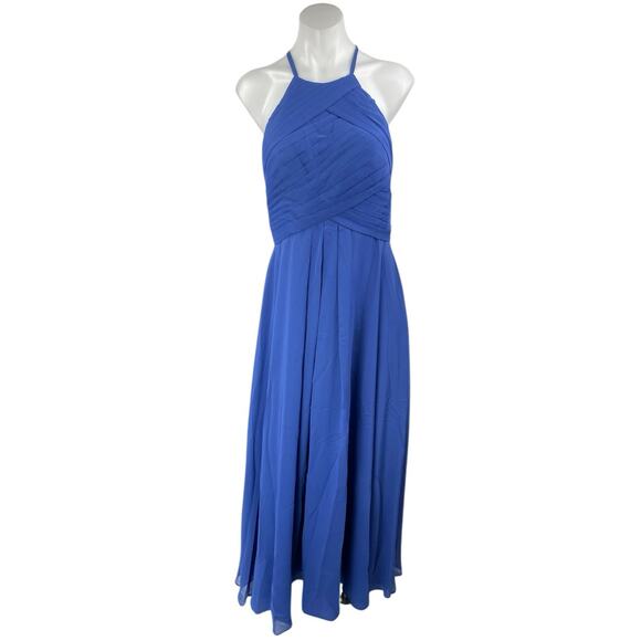 JJ's House Blue Sleeveless Pleated Halter Cami Maxi Bridesmaid A-Line Dress Sz S - Picture 1 of 5